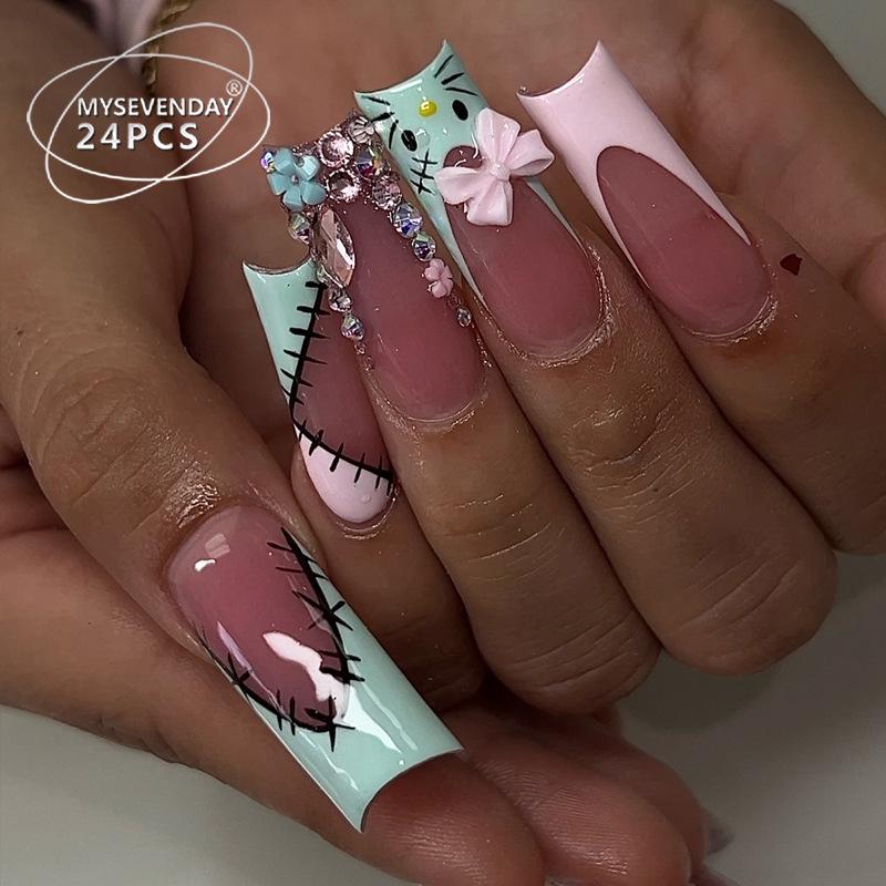 

Cross-Border Cartoon Rhinestone French Manicure: 24 Long Square Wearable Nail Tips Glue Type