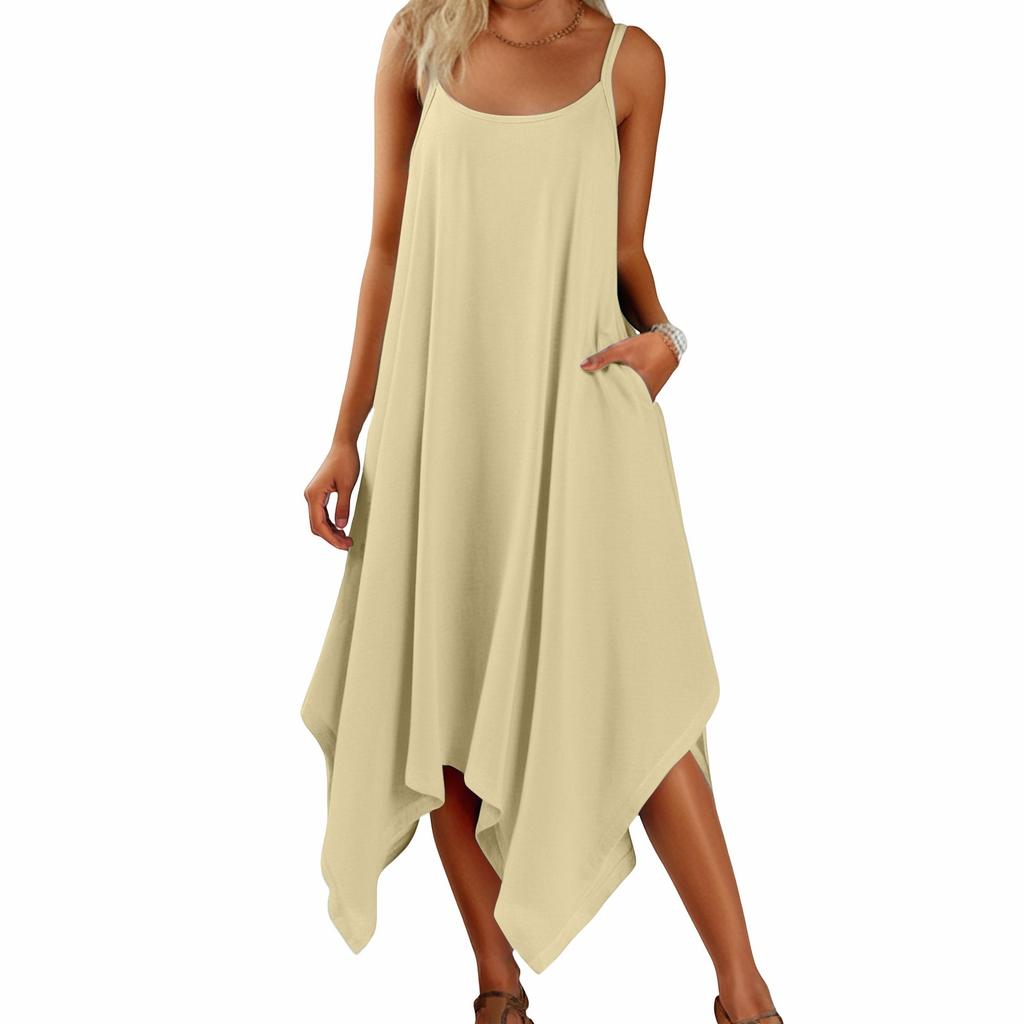 Women's Summer Casual Solid Color Round Neck Adjustable Suspender Dress With Pockets