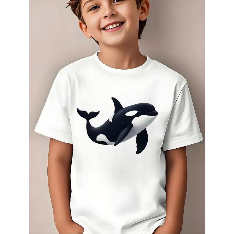 Boys 3D Cute Orca Graphic White Casual Sports Short Sleeve T-Shirt
