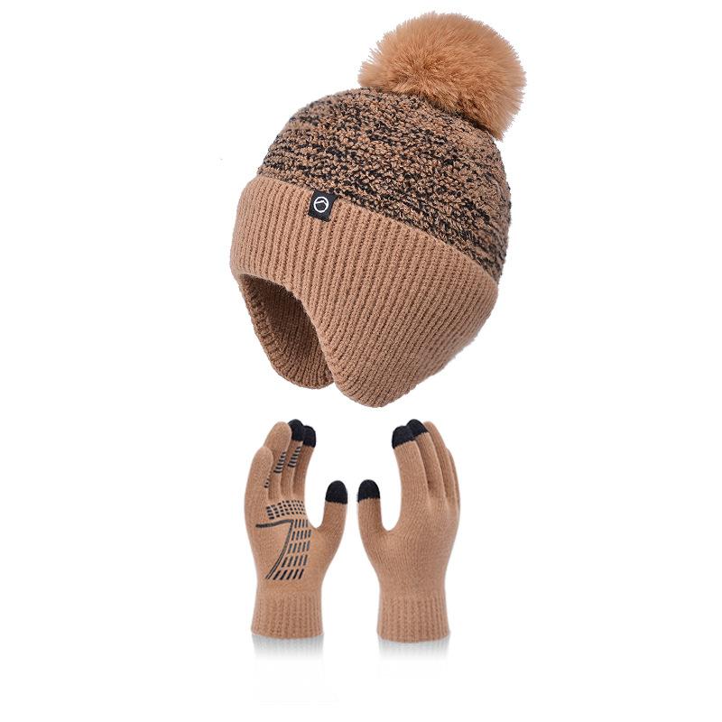 Winter plush ball, ear protection, pullover hat, touch screen gloves, hat, warm two-piece set, plush knitted wool hat, women