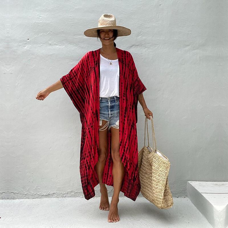 2022 Bikini Cover-ups Black Retro Striped Self Belted Plus Size WomenSummer Kimono Dress Beach Wear Swim Suit Cover Up Q1225