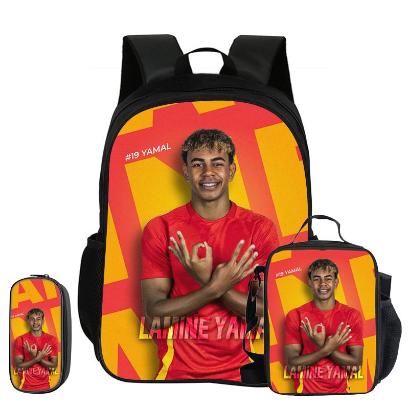 Kinderrugzak L-Lamin Yamal Voetbalster 3-delige Set Schoolrugzak Etui's Boekentas met Lunchtas Sportrugzak Kindercadeau