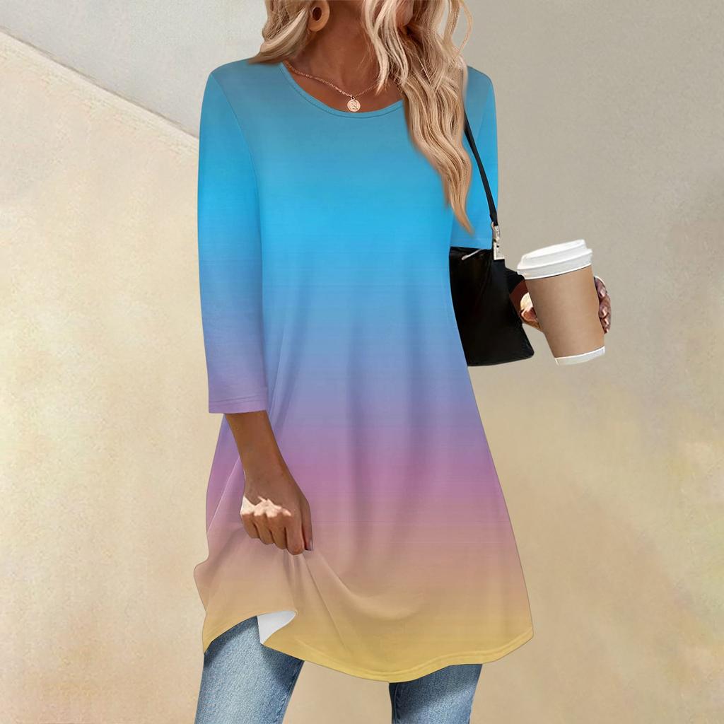 Women's Fashion Casual Three-quarter Sleeve Long Gradient Round Neck Top