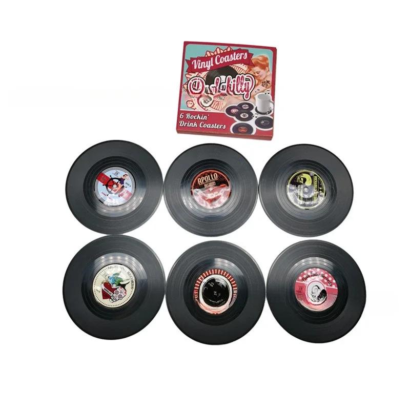 Sada 6 vinylových podložek Kreativní podložky pod nápoje Vinylová deska Hudební podložky se stojánkem na gramofonové desky Podložky pod desky