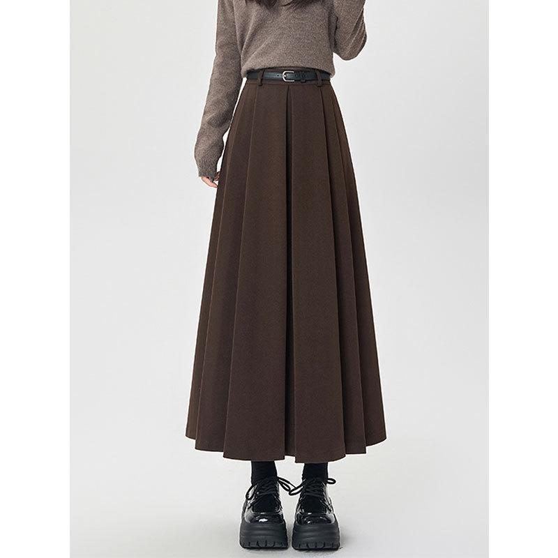 High-Waisted Coffee Wool Skirt for Women, Autumn-Winter Style, Pleated A-Line, Petite Fit, Mid-Length, Perfect Drape