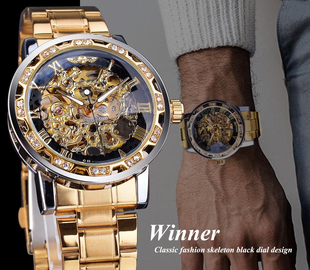 Fashion Winner Top Brand Luxury Men Transparent Diamond Luminou Smovement Male Mechanical Skeleton Royal Design Wrist Watch
