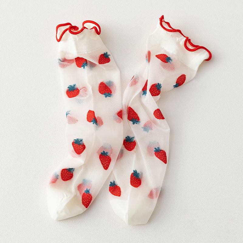 Dünne Strümpfe mit Fruchtdruck und gerollten Kanten für Damen Erdbeere Niedlich Lolita JK Kristallstrümpfe