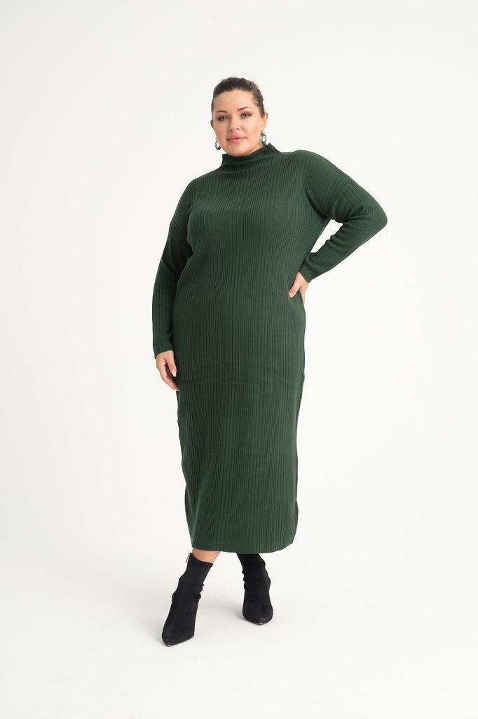 Damen Big Size Kleid Grün Halb Rollkragen Strickkleid Plus Size