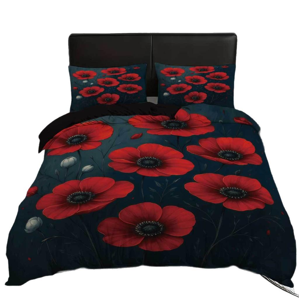 Bett Dreiteiliges Set, Rote Blume 3D Digitaldruck Kissenbezug, Heimtextil Bettbezug 3-teiliges Set