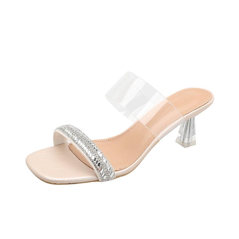 High-heeled Rhinestone Slippers Women's Summer Outer Wear Fashion 2025 New Fairy Wind Transparent Crystal Thin-heeled Cool Slippers