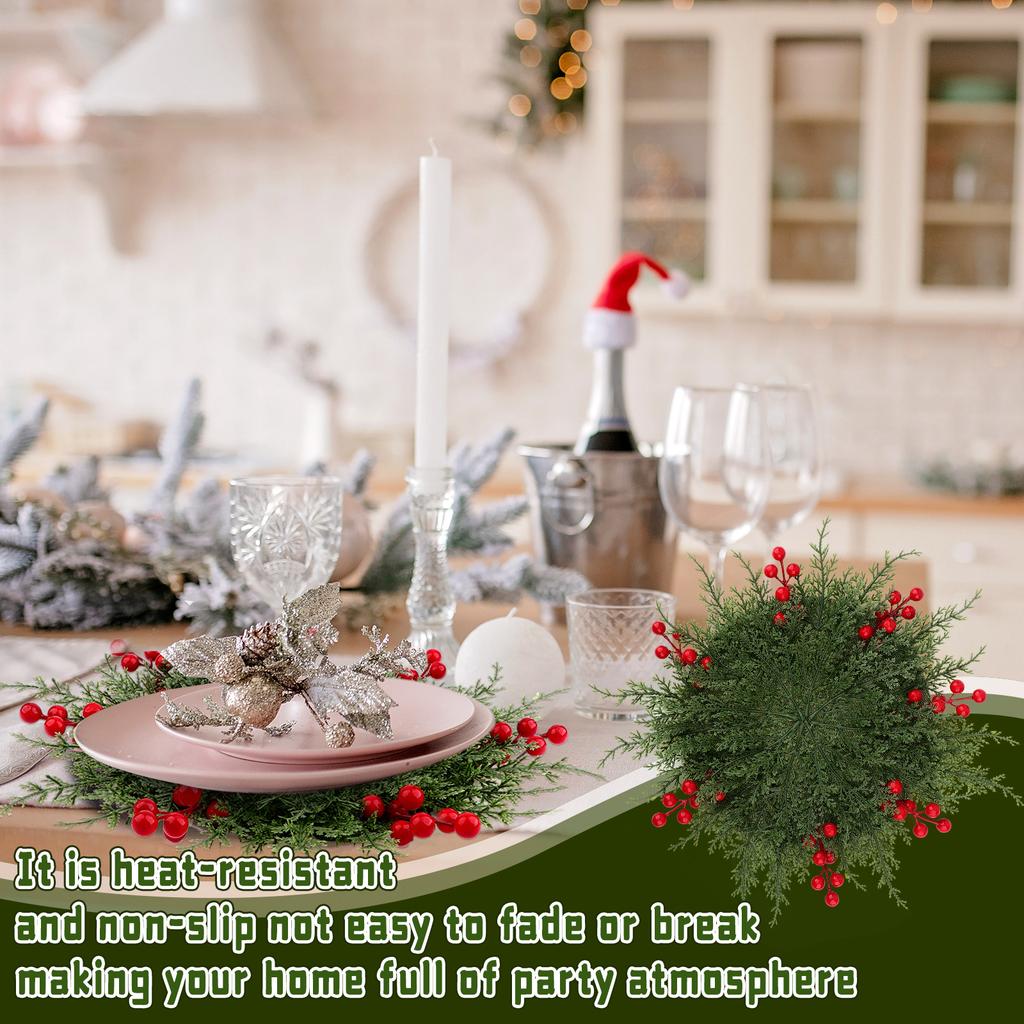 6 Pcs 15.75 Inch Christmas Greenery Placemats Artificial Winter Pine Placemat Pinecone With Red Berries Cedar Branch Place Mat D