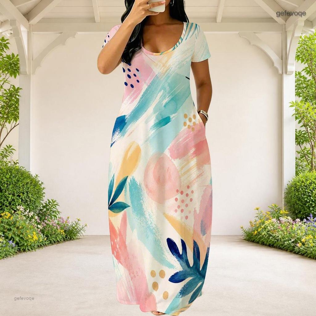 Women Plus Size Round Neck Short Sleeve Abstract Printed Loose Maxi Dress With Side Pockets