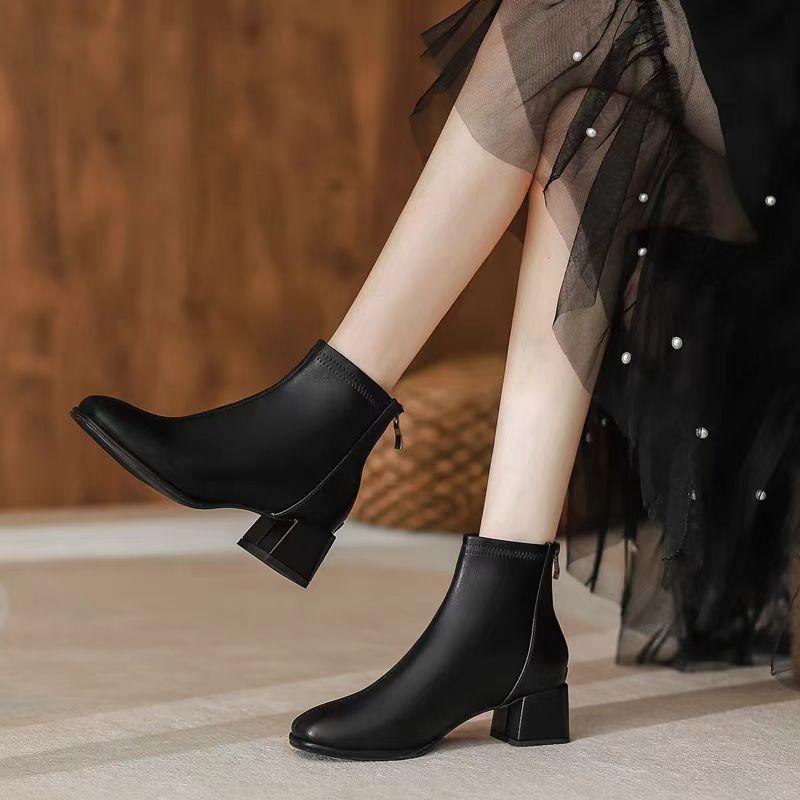 Elegant with Medium Heels Fleece-Lined Leather Booties Autumn Winter Square Toe Women's Ankle Boots New In Female Short Shoes
