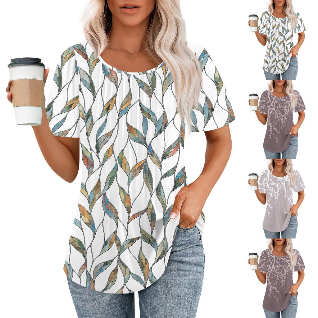 Women's Summer Fashion Casual Pleated Round Neck Print Short Sleeve T-Shirt Top
