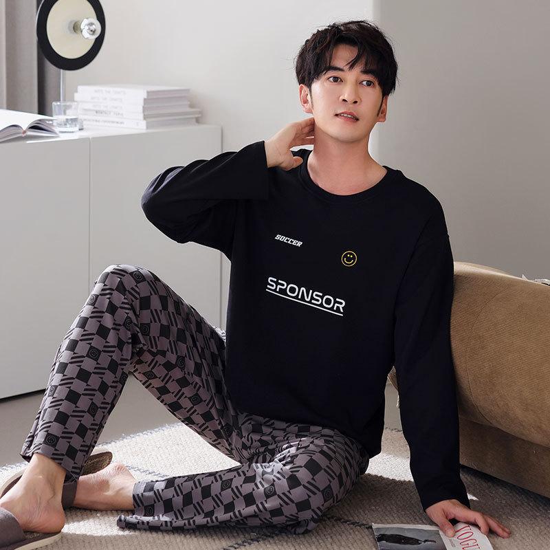 Pajamas Men'S Spring And Autumn Cotton Long Sleeve Crew Neck Casual Blue Autumn Loungewear Large Size Set