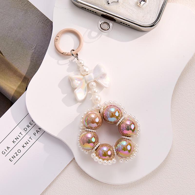 Pearl Bow Phone Lanyard with Sweet French Style Bag Keychain and Round Clasp