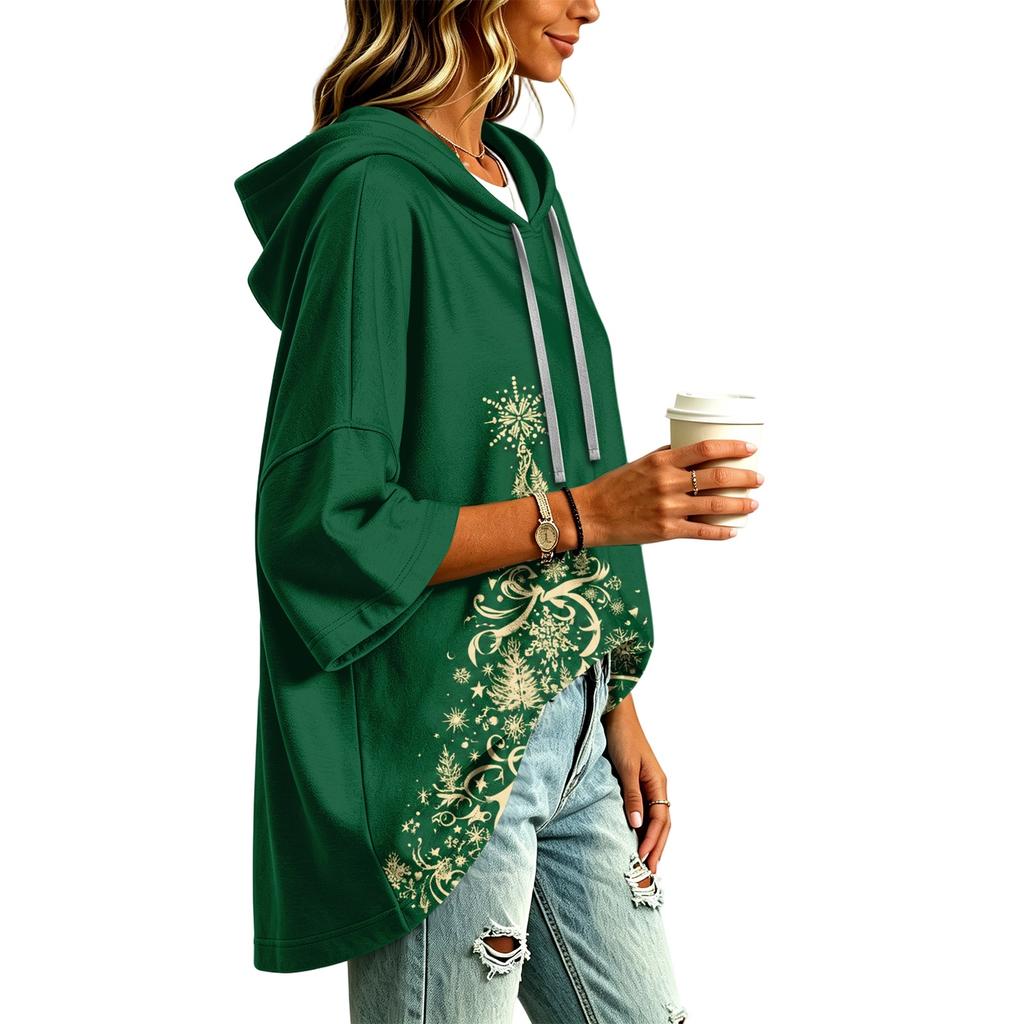 Women's Christmas Print Hooded Pullover Top with Three-Quarter Sleeves
