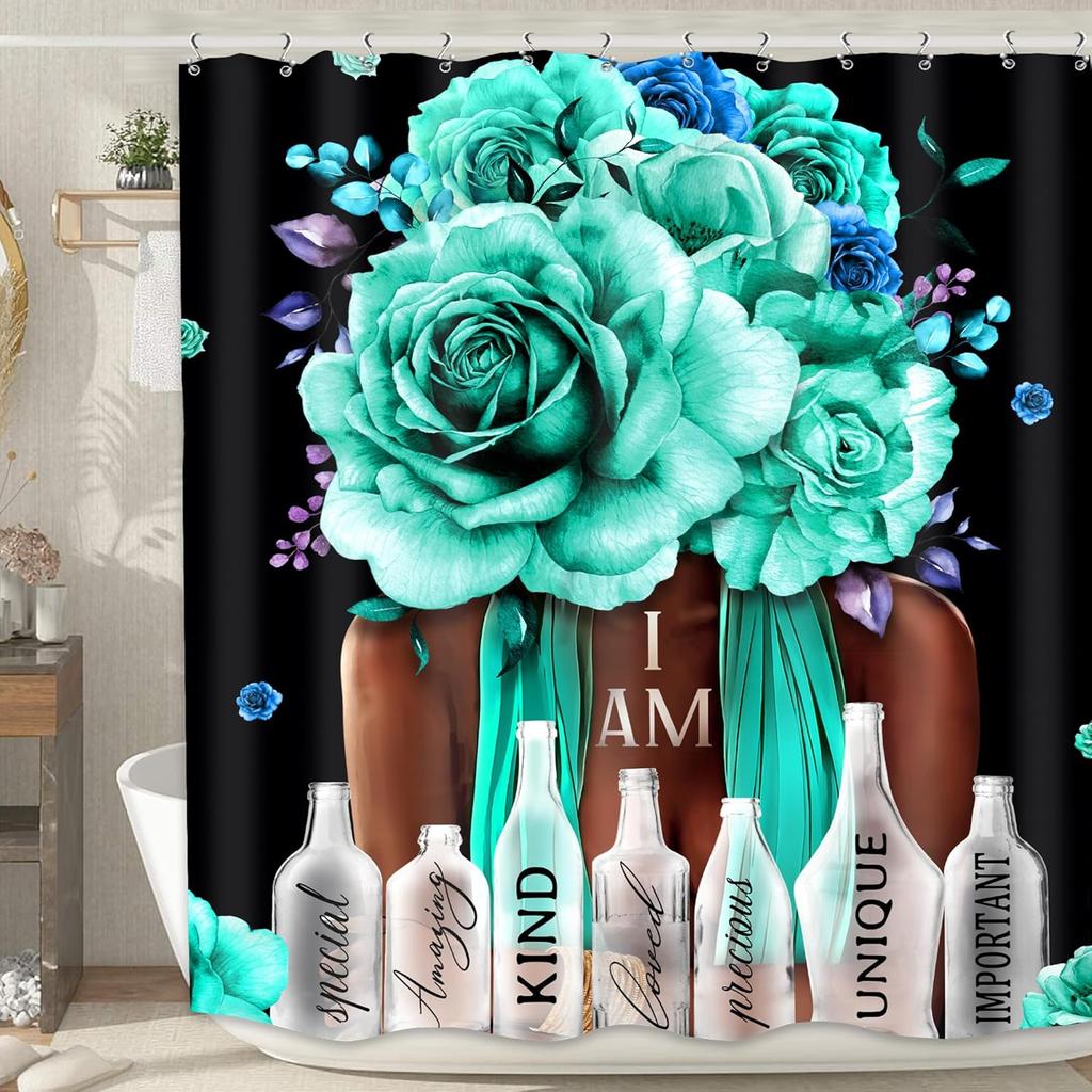MESHELLY Black Girl Shower Curtain - Gray & Pink Peony, Motivational Quotes, Butterfly Design, Bath Decor