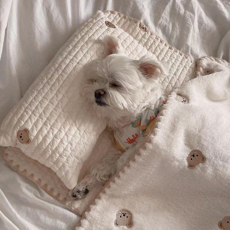 

INS South Korea Pet Dog Nest Bed Square Mat Removable and Washable Cat Nest Heattech Autumn and Winter Pet Supplies Dog Bed Genuine Goods S Hanhan Bear three-piece set