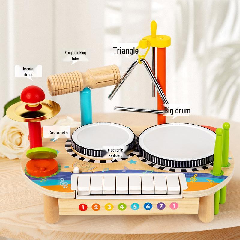 Children's Wooden Percussion Set: Multifunctional Rack, Drum, Xylophone & Castanets for Music Education