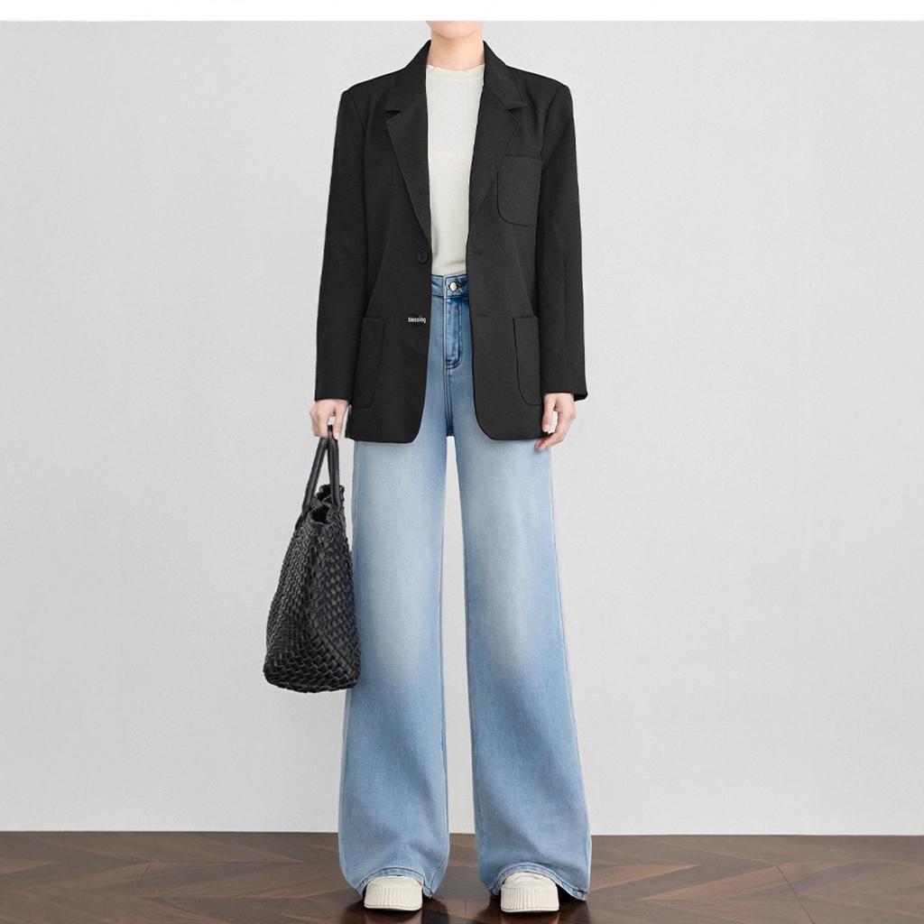Li Shaonü Women's Fleece-lined Blue High-waisted Wide-leg Jeans - Winter 2026 Collection