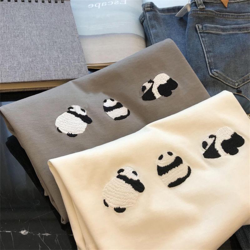 

Panda Embroidery Loose Short Sleeve Women s Cotton T-Shirt L