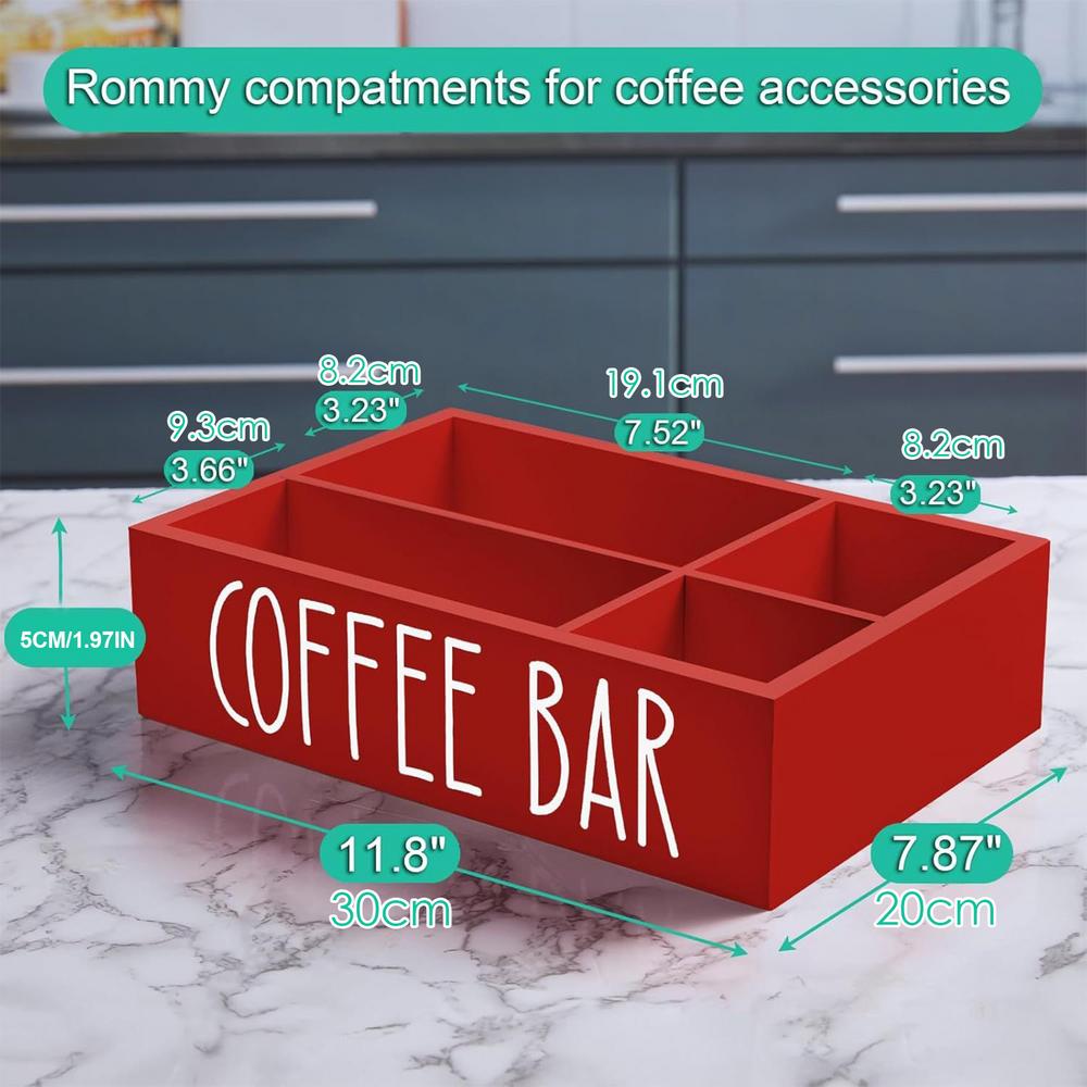 Wooden Coffee Bar Organizer 4-Grid Coffee Station Countertop Storage Box With Removable Dividers Kitchen Tea Cup Container