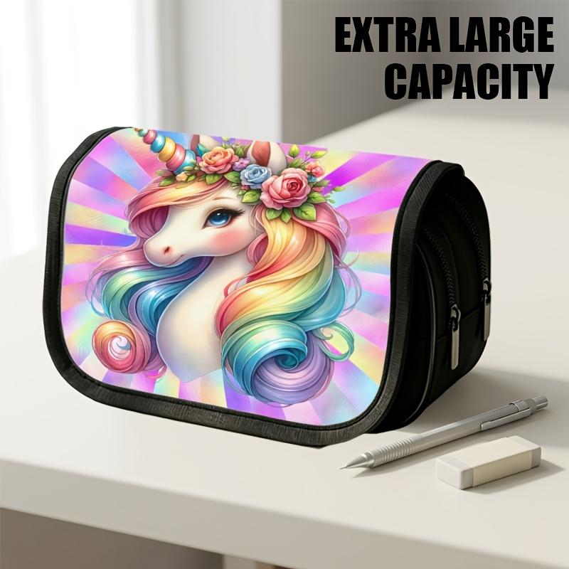 1pc Double Layer Flip Pencil Case, Corolla Unicorn, Large Capacity, Portable Polyester Pen Storage Bag with Zipper Closure, Ideal for School & Office