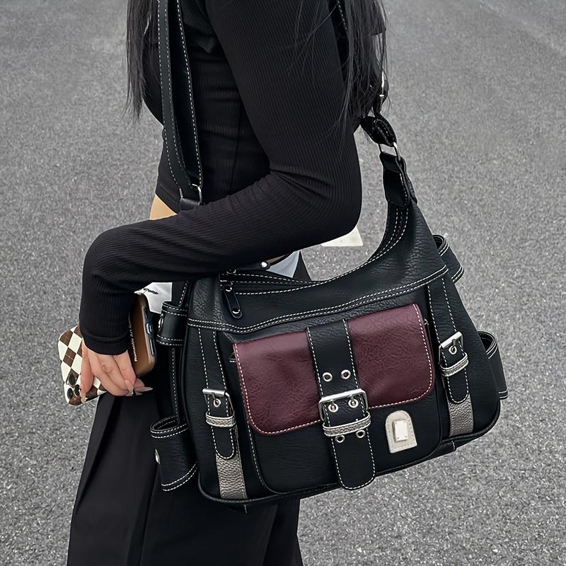 Vintage Leather Women's Bag, Y2k Spicy Girl Motorcycle Crossbody Bag, Large Capacity Contrasting Single Shoulder Bags