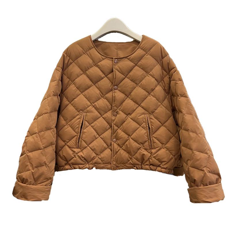 Rhombus Short Down Jacket Women's 2024 Winter New Fashion Round Neck Lightweight Small Foreign Style Warm Jacket Tide