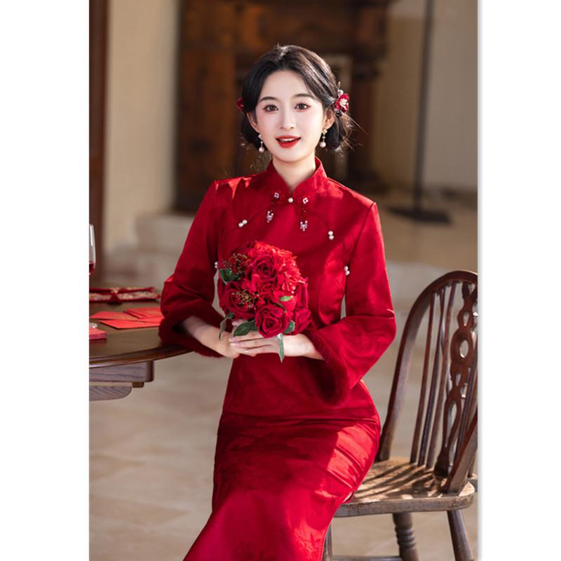 Red cheongsam toasts bride's new winter engagement dress women's new Chinese style home velvet cheongsam