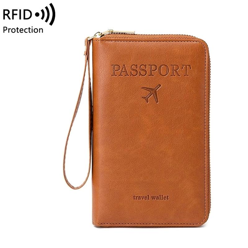 Men Women RFID Blocking Leather Passport Holder Travel Wallet Zip Around Passport Cover Document Organizer with Card Slots Wrist Strap