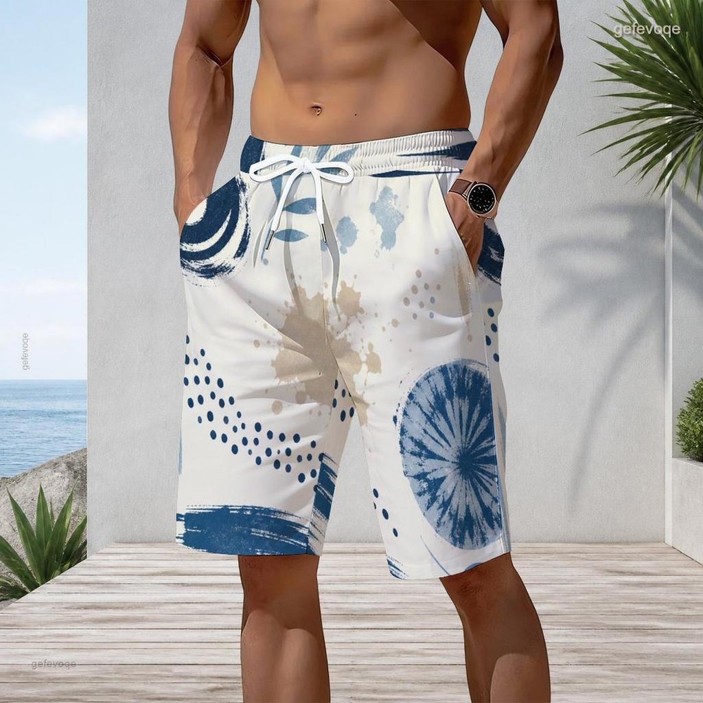 Men s Plus Size Abstract Printed Beach Shorts Drawstring Waist Side Pockets Straight Leg
