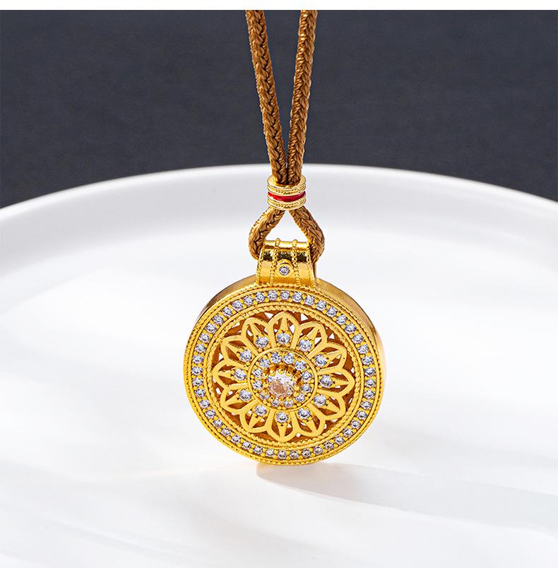 Vietnam Sand Gold Eight Treasures Compass Pendant Necklace - Trendy Court Style with Diamond-Set Hollow Flower Design for Women