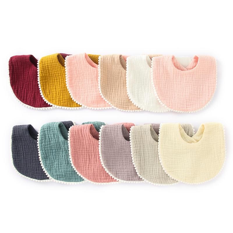 1pc Solid Colour Cotton Gauze Baby Bibs Ruffle Lace Infant Newborn Feeding Burp Cloth Saliva Towel Adjustable Bandana Drool Bibs