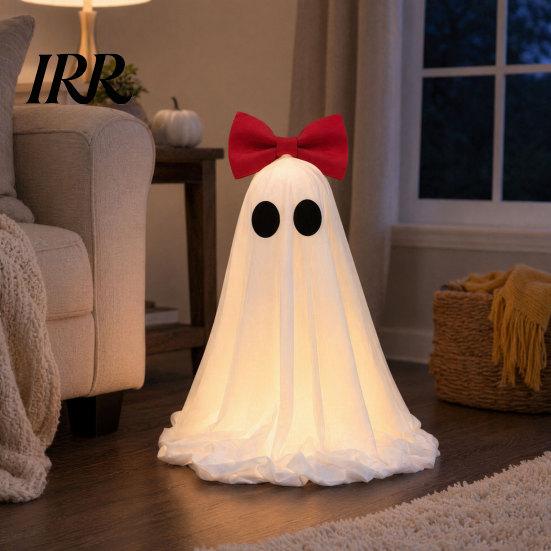 Cute Ghost Halloween Ornament LED Decoration, Pink Bow Tabletop Ornament, Soft Decoration Fabric Haunted House Decor with Warm Glow for Home Flexible
