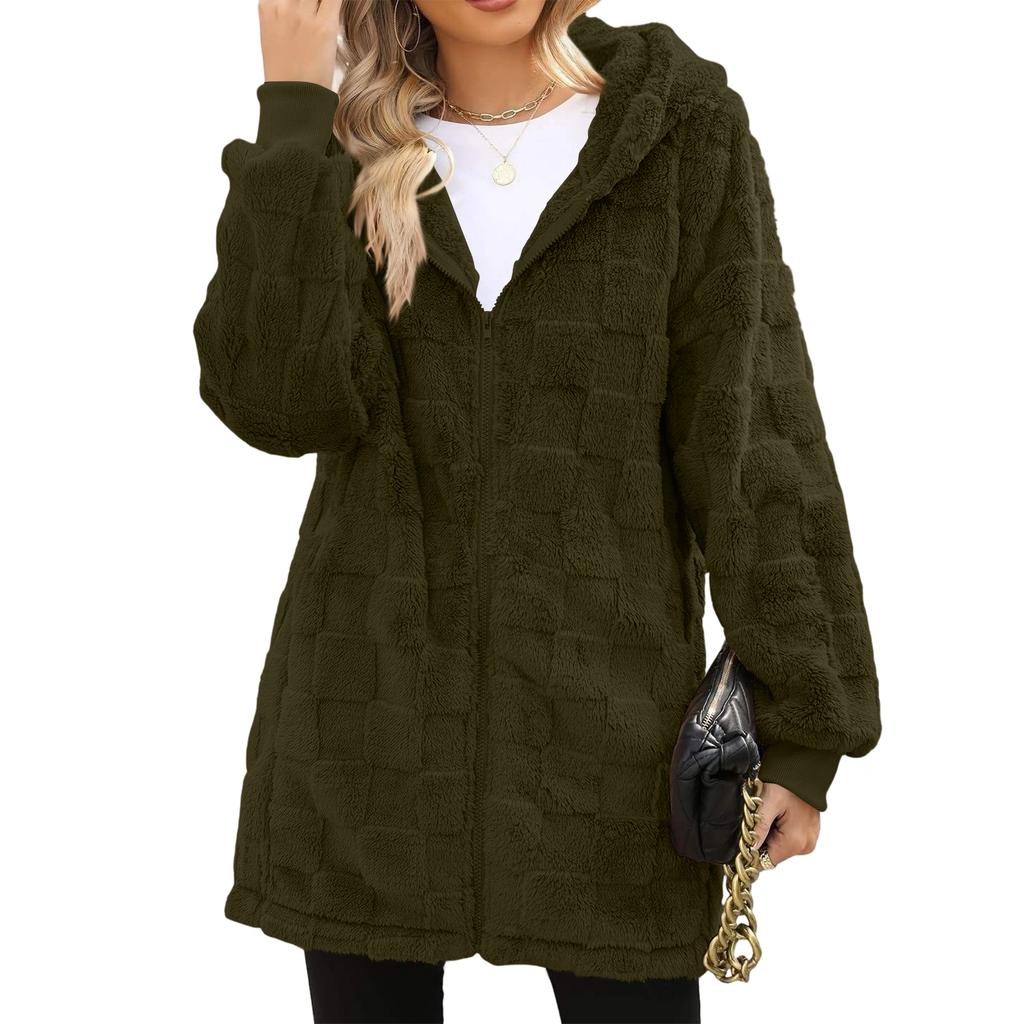 Women's Fashionable Casual Warm Thick Checkered Plush Mid-length Elegant Button And Zipper Cardigan Coat