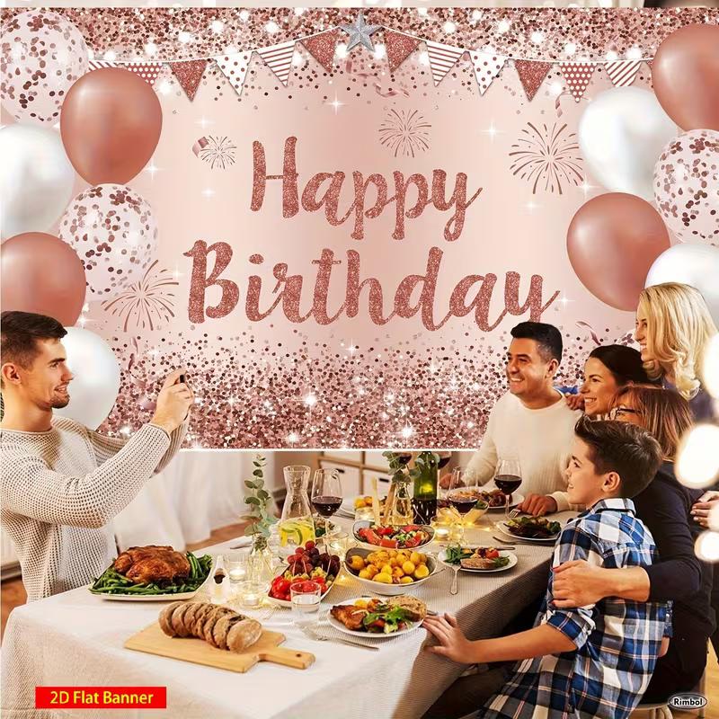 2D Rose Gold Confetti Happy Birthday Backdrop for Girls & Women Party