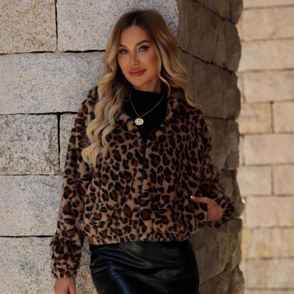 Autumn Winter Women's Leopard Print Fleece Jacket, Loose Long Sleeve Zipper Fluffy Outerwear for Women, EU/US Size