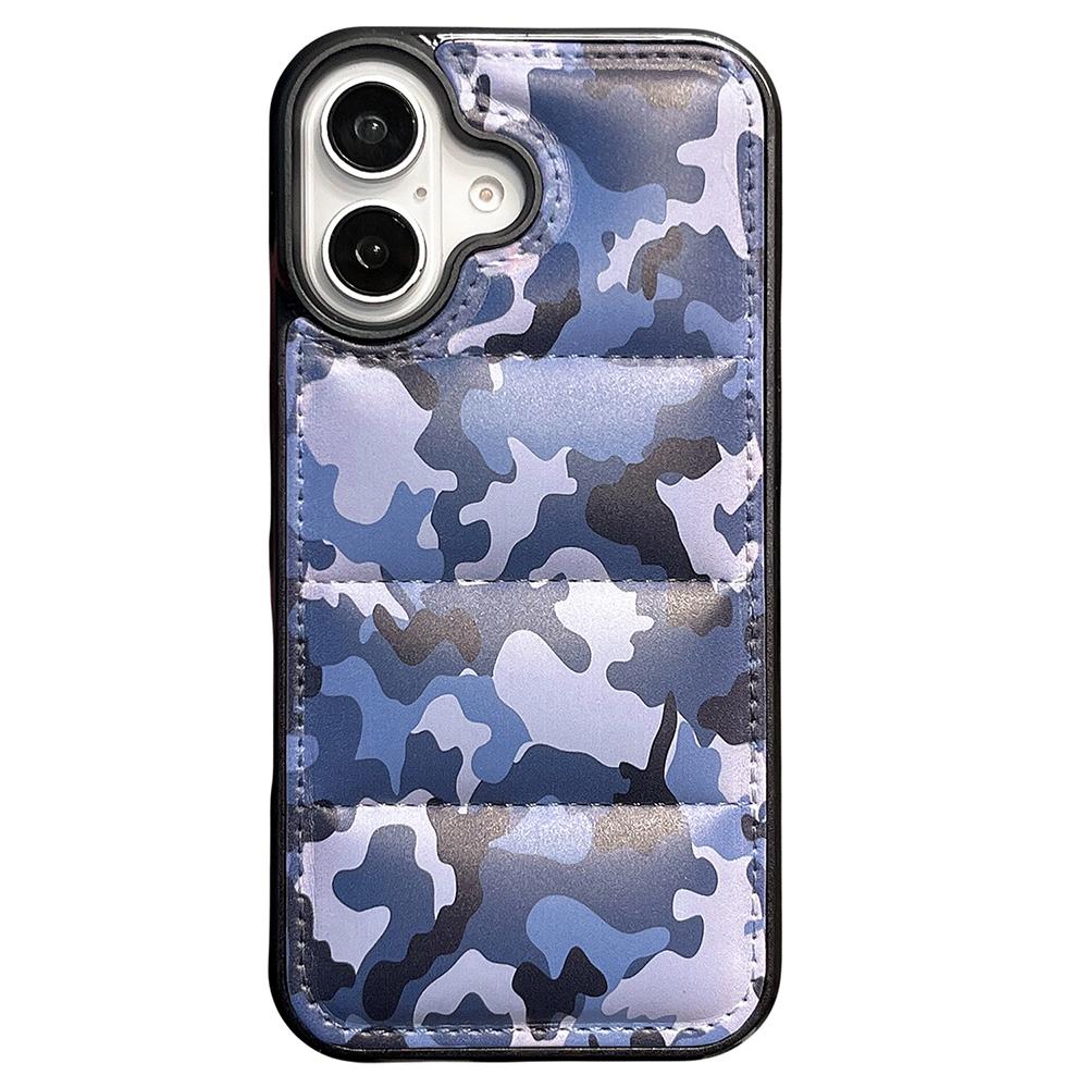 

For iPhone 16 Case Camo Puffer Jacket Leather+TPU 3D Protective Cover Blue