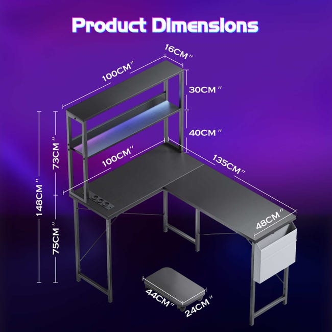 135 cm L-Shaped Desk with LED Lights and Power Outlets, Double Gaming Desk with Shelves, PC Stand, Hooks, and Storage Bag for Home Office