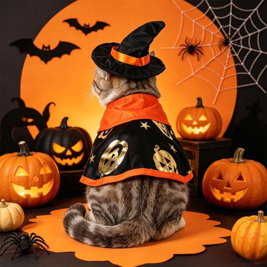 Yangyizhi 1 Set Pet Halloween Costume, Cat Wizard Hat And Cape, Cute Pumpkin Print Apparel for Small Dogs Cats Festive Party Wear