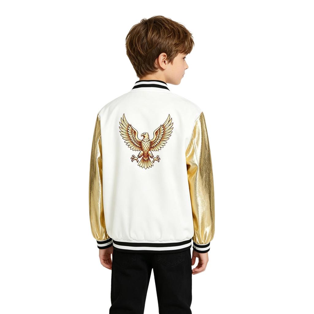 Unisex Metallic Eagle Print Back Bomber Jacket Long Sleeve Color Blocking Outerwear for Kids Dance Street Style