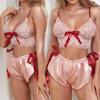 Women Pajama Satin Sleepwear Bra Camisole Night-clothes Summer Bow Ribbon Polyester Lace Ruffle Solid Color 2pcs/set