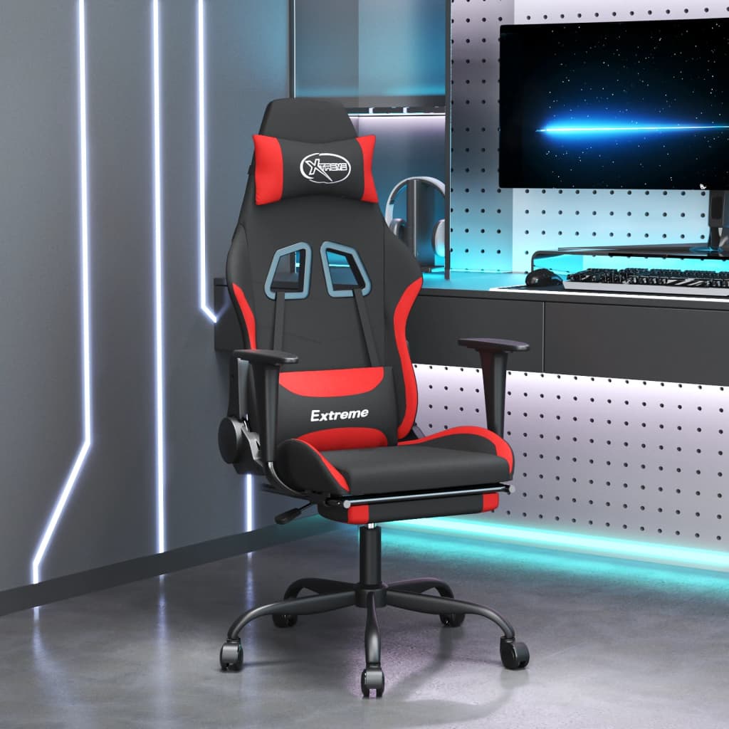 Gaming Chair with Massage Function and Footrest Black and Red Fabric