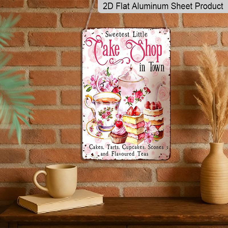 2D Flat, Vintage Aluminum Wall Art Plaque for Cake Shops, Cupcake Towers & Tea Parties - Rustic Kitchen Decor with "Sweetest Little Cake Shop in