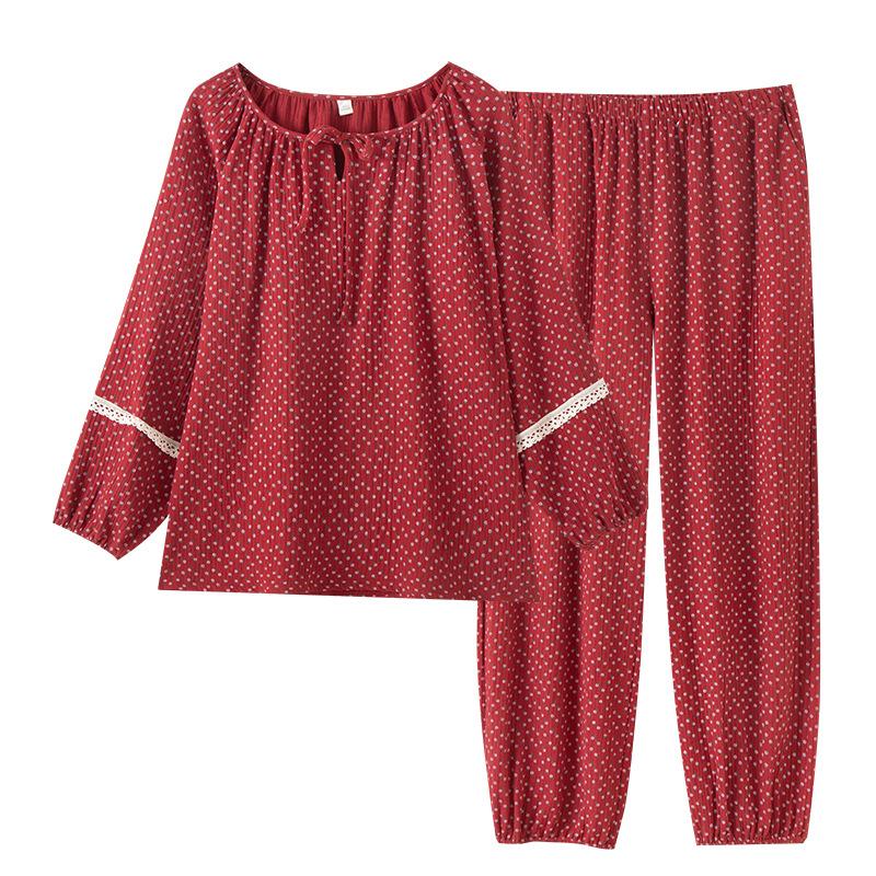 Pure cotton pajamas women's autumn new red polka dot natal wedding Japanese cotton loungewear set