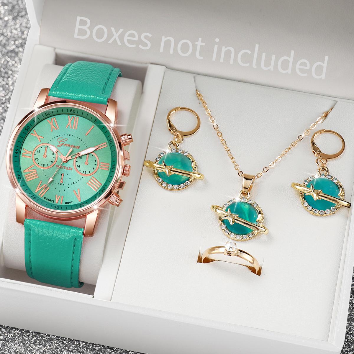 

5PCs/Set Mint Green Fresh Fashion Watch Three Eyes dial Leather strap Quartz Watch Cat Eye Jewelry Set зелёный