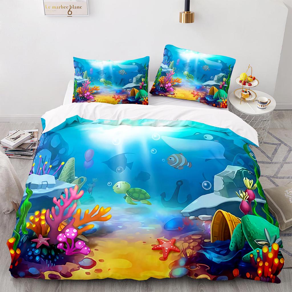 Set Biancheria da Letto Mondo Marino Blu Stampa 3D Animali Marini Delfini Squali e Cartoni Animati Trapunta Matrimoniale Copripiumino Set Biancheria da Letto per Bambini Adulti