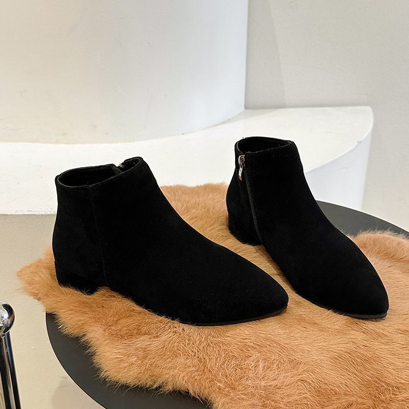 Low heel side zipper short tube versatile and bare boots matte short boots women's pointed thick heel fleece comfortable 2025 autumn new models